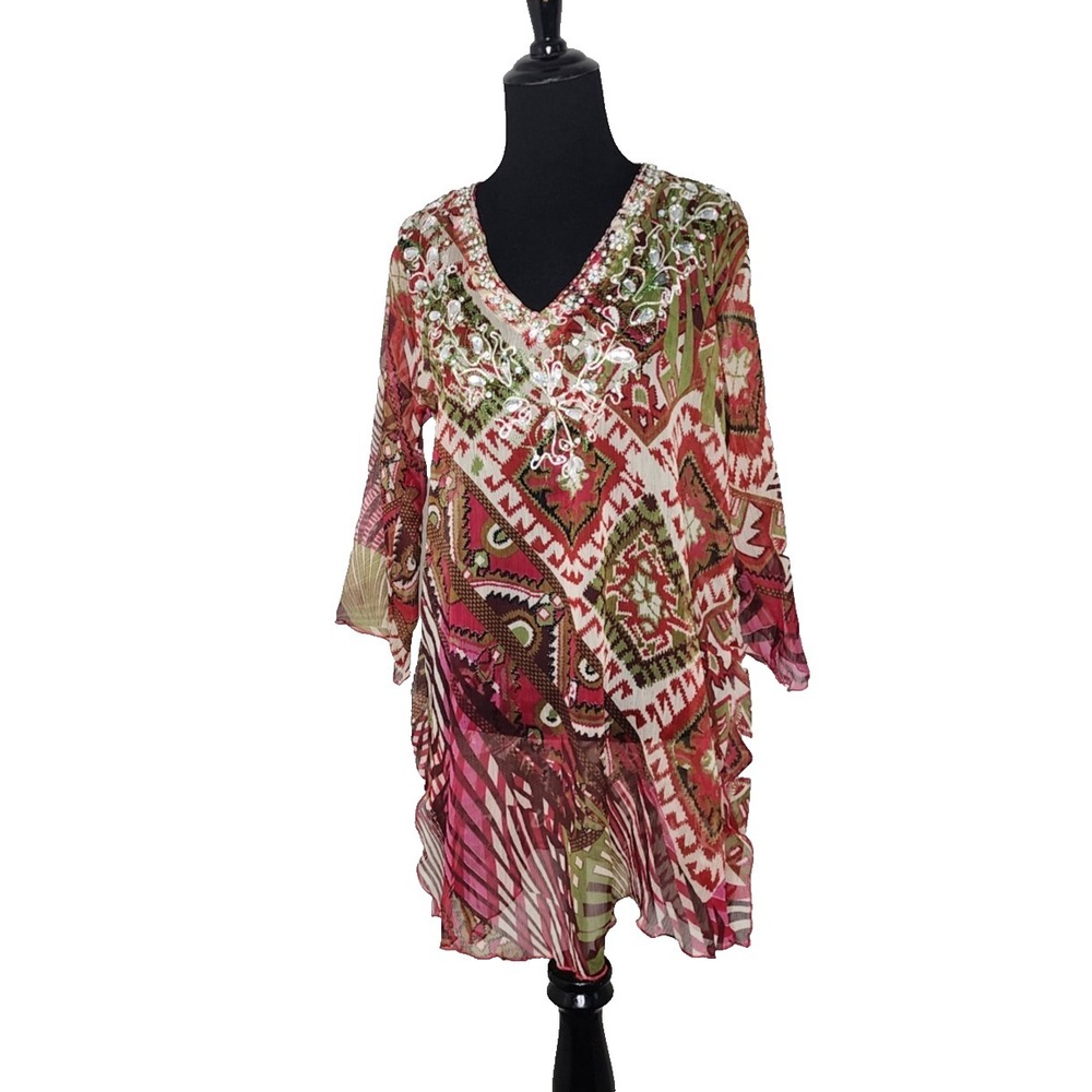 Multi-Color Beaded Viscose‎ Semi-Sheer Peasant Blouse Size S/M Paisley Sequin